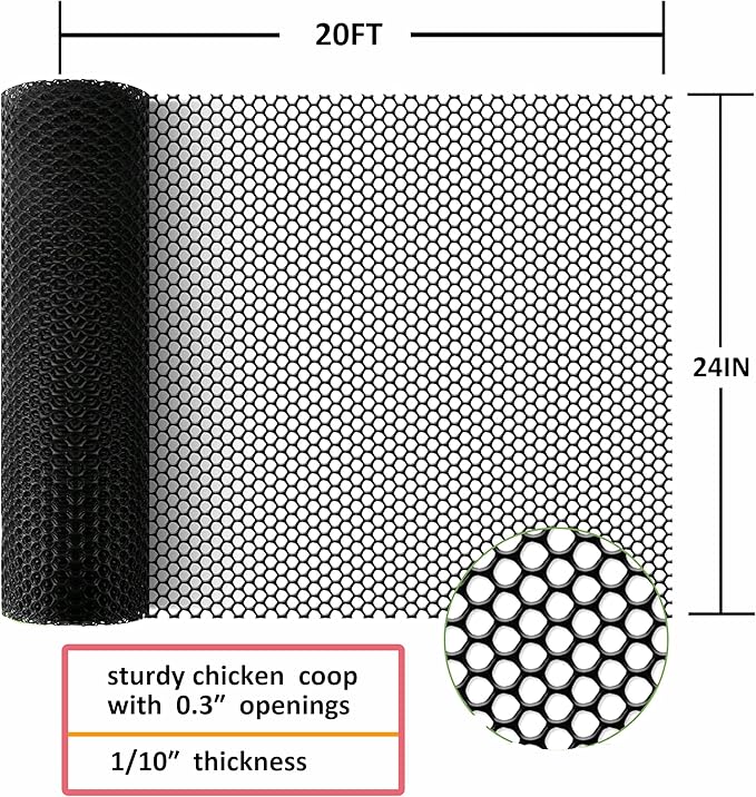 Upgraded Plastic Chicken Wire Fence Mesh(24INx20FT) - Black/Green/White Colors 0.3" Openings,for Garden Net, Poultry Fencing, Chicken Wire Frame,Animal Cage Fence,Floral Netting(Black)