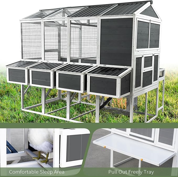 Large Chicken Coop with Chicken Run, Wooden Walk-in Chicken Coops for 10 Chickens, Outdoor Poultry Fence with Nesting Boxes, Pull Out Trays, Garden Backyard Pet Cage, 95''LX80''WX83''H