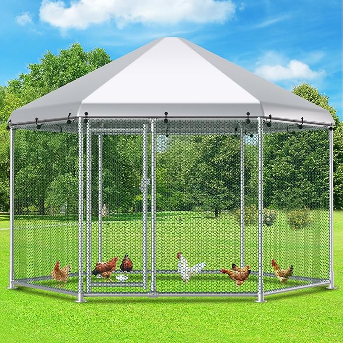 Large Metal Chicken Coop Run, 13 ft Hexagon x 8.6 ft H Chicken Runs for Yard with Cover, Outdoor Walk-in Chicken Pen for 12–20 Hens, Anti-Rust Poultry Cage with Stable Wind-Resistant Design