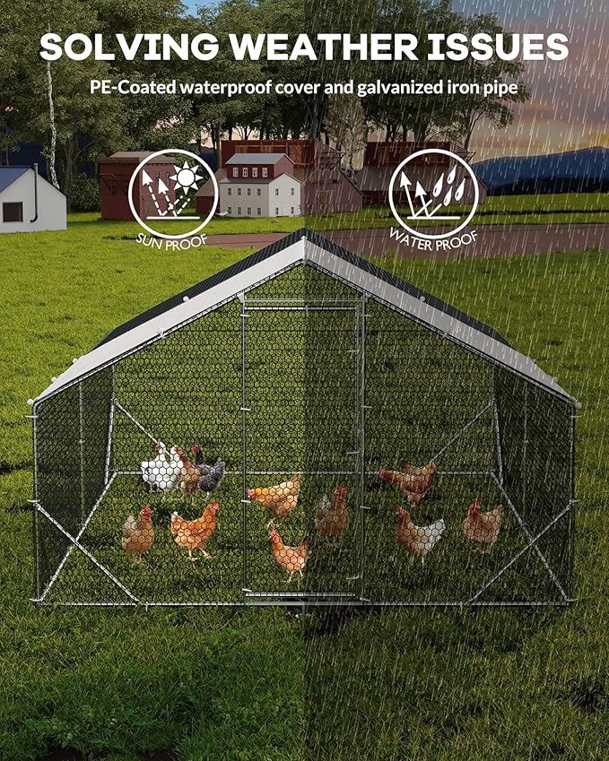 Large Metal Chicken Coop Upgrade Tri-Supporting Wire Mesh, 9.8' W x 13.1' L x 6.5 H Walk-in Poultry Cage, Chicken Run Pen House with Waterproof & Anti-Ultraviolet Cover & Lockable Doors for Outdoor