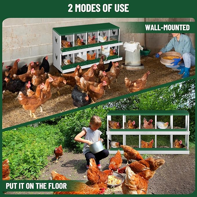 GarveeLife Nesting Boxes for Chickens, 10 Compartment Chicken Nesting Box, Metal Chicken Laying Boxes with Perch, Secure Lid, Versatile Wall Mount or Free Standing for Hens, Green