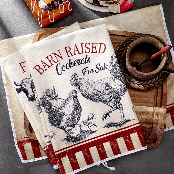Bencailor 6 Pcs Farmhouse Kitchen Towels Chicken Rooster Kitchen Decor Farm Animal Hand Towels for Cooking Baking Housewarming Gift,15.75 x 23.62 inch(Red Black,Farmhouse)