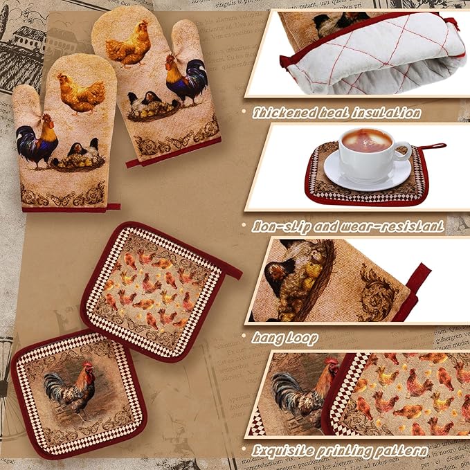 10 Pcs Rooster Chicken Kitchen Dish Towels Rugs Oven Mitts and Pot Holders Sets Farmhouse Rustic Rooster Kitchen Decor Set for Cooking Baking Grilling Women Mom Gift(Brown)