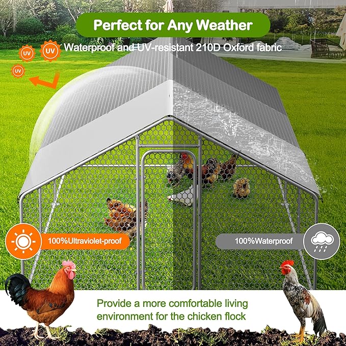 Large Metal Chicken Coop,19.7'L x 9.8'W x 6.6'H Chicken Run,Walk in Chicken Pen with Cover for Yard,Large Poultry Cage for Duck Rabbit