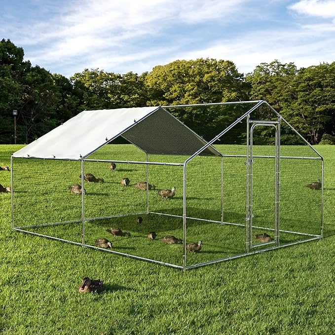 ORANLAND Large Metal Chicken Coop, Spire Chicken Runs for Yard with Cover, Walk in Chicken Coop with Security Lock and Waterproof Cover for Outdoor Farm Use