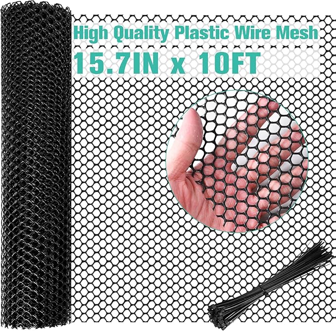 Plastic Mesh Fence Sheet 15.7IN x 10FT - 0.3IN Opening Plastic Chicken Wire Netting Roll Durable for Dogs, Poultry, Puppy, Garden Snake Barrier with 50 Pcs Zip Ties - Black