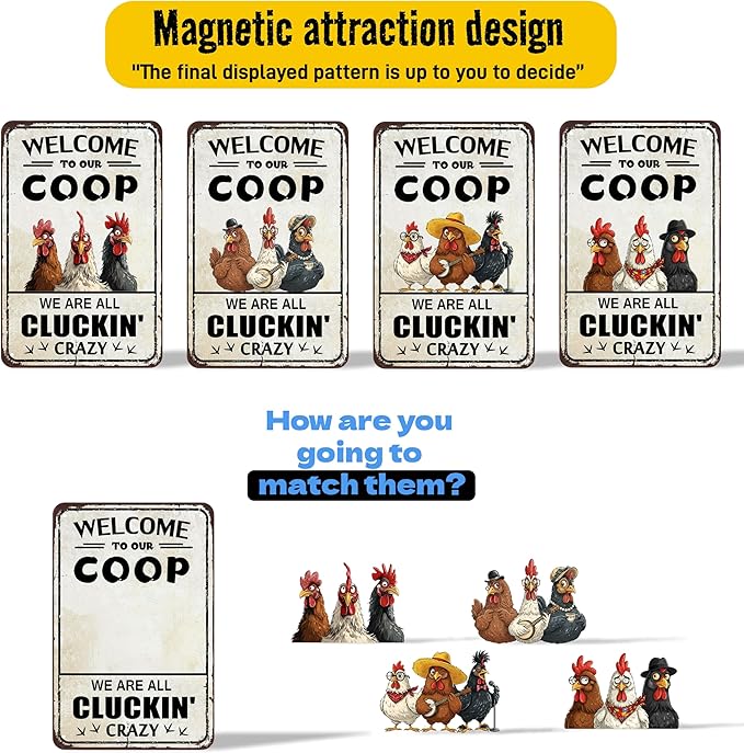 DIY Magnetic Attraction Design,Funny Chicken Tin Sign | chicken decor | Farmhouse Wall Decor, Rooster Kitchen & Bathroom Art,Metal Signs,Funny Gifts,8 * 12 Inch (Grayish Yellow)