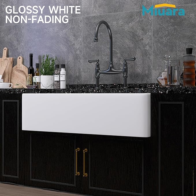 Miuara Farmhouse Sink 36 Inch - Extra Large Apron Front Kitchen Sink Reversible 36"x18"x10", Undermount Installation, Farm House ﻿Style Single Bowl, Solid Fireclay, Glossy White, for Kitchen