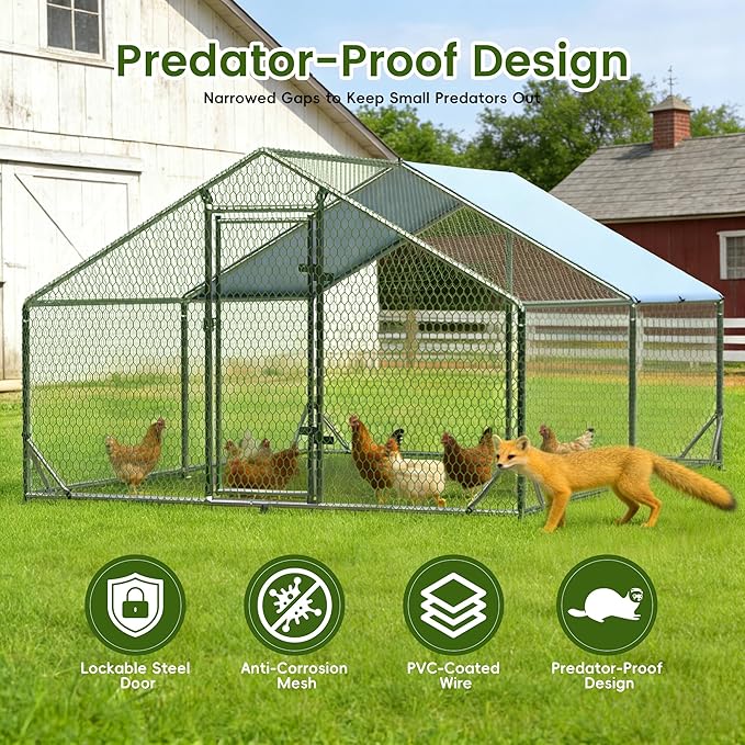 Outdoor Metal Chicken Coop Large Walk-in Poultry Cage Spire-Shaped Chicken Run with Waterproof and Anti-Ultraviolet Cover for Outside,Backyard and Farm,6.5' L x 9.8' W x 6.4' H