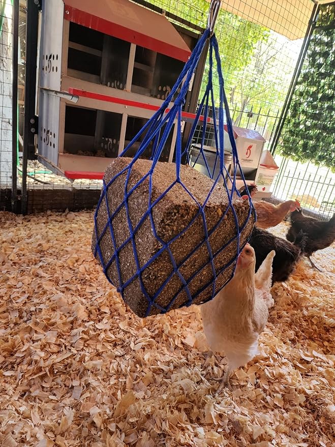 Muzzys Blue Chicken Coop Flock Block Bird Seed Hanging Bag Veggie Treat Holder - Poultry Feeder Toy Accessories Cabbage Bowl Sack - Holds 25 lb Pound Bird Seed Blocks, Poultry Run Wildlife Feeder