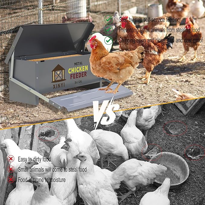 XINYI Chicken Treadle Feeder,25 Lbs Metal Treadle Feeder, No Waste & Rodent Proof Chicken Feeder with Weatherproof Lid, Suitable for Bantams, Poultry, Pheasants - 3.4Gallon Capacity