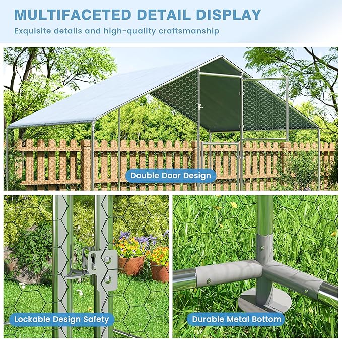 Polar Aurora Metal Chicken Coop, Large Outdoor Chicken Pen, Walk-in Chicken Run for 6-20 Chickens, Double Door Chicken House with Waterproof UV Protection Cover for Backyard (Spire-S)