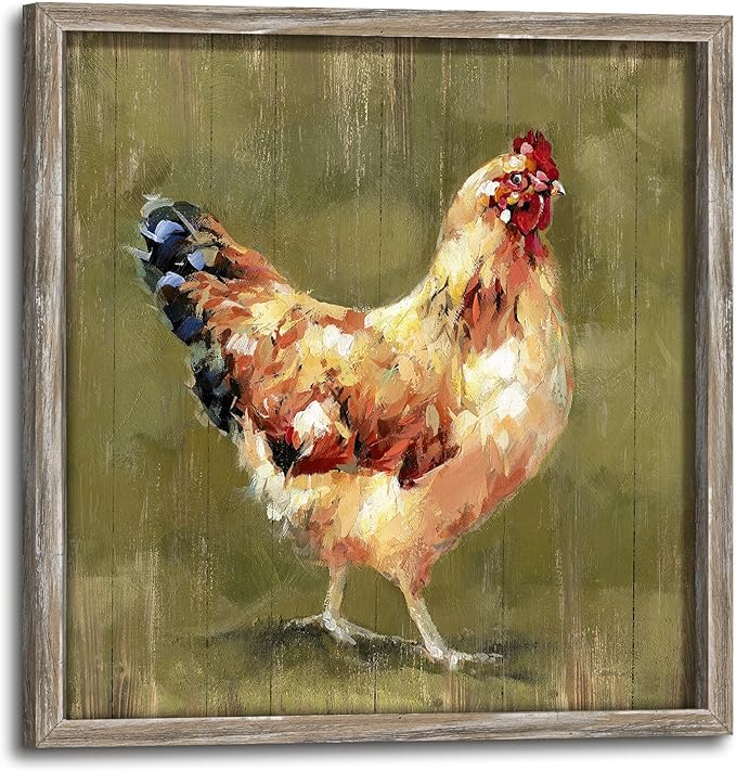Farmhouse Wall Art Chicken Picture: Rustic Farm Animal Wooden Framed Artwork Decor Kitchen Country Print Chickens Hen Artwork for Bedroom Living Room Home 16 x 16 Inches