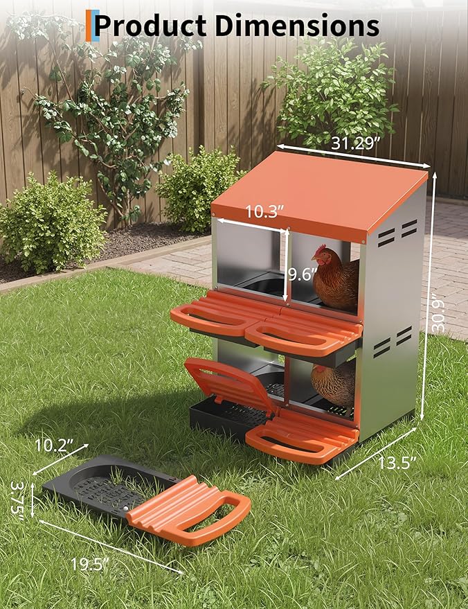 Chicken Nesting Box 4 Hole, Galvanized Steel Nest with Roll Away Egg Collection & Swing Perch, Easy-Clean Laying Box for Hens, Heavy Duty Design for Chicken Coop