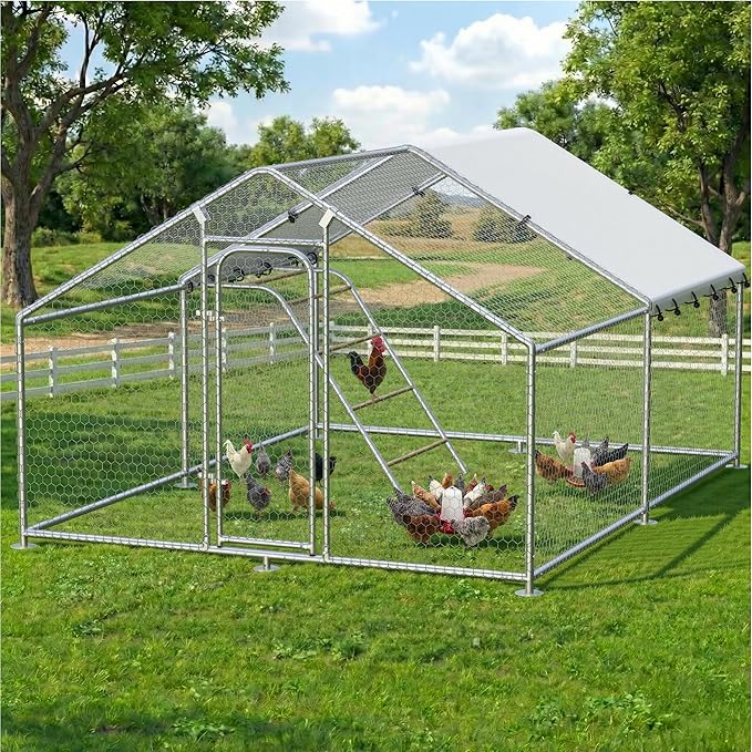 Large Metal Chicken Coop with Waterproof and UV-Resistant Cover,Chicken Run Outdoor Walk-in Cage Rabbit Duck Hen House for Yard Farm Use Spire Roof(10’ W x 9.9’ L x 6.4’ H)