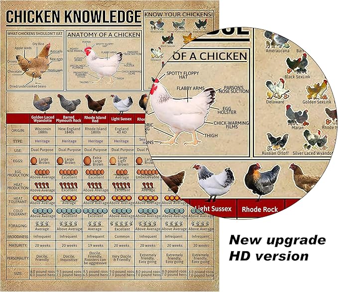 PAIION Metal Tin Signs Chicken Knowledge Detail About Chicken for Farmer for Friends Music Vintage Home Bathroom Cottage Farm Wall Decor 16x12 Inch