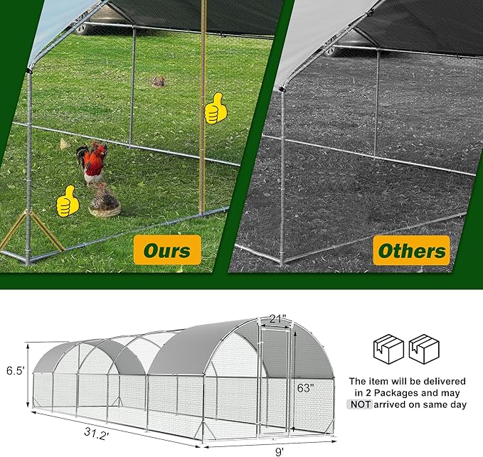 Large Metal Chicken Coop Round Top Upgrade Tri-Supporting Wire Mesh Chicken Run,Chicken Pen with Water-Resident and Anti-UV Cover,Duck Rabbit House Outdoor (31.2'L x 9'W x 6.5'H)