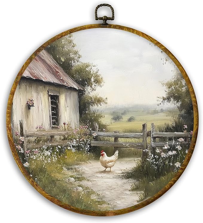 CUANFDDSF Vintage Countryside Farmhouse Chickens Round Wall Art, Rustic Cottagecore Kitchen Framed Hanging Wall Decor, Country Animal Scene Canvas Prints Decorations for Farm House Room, 10x10 Inch