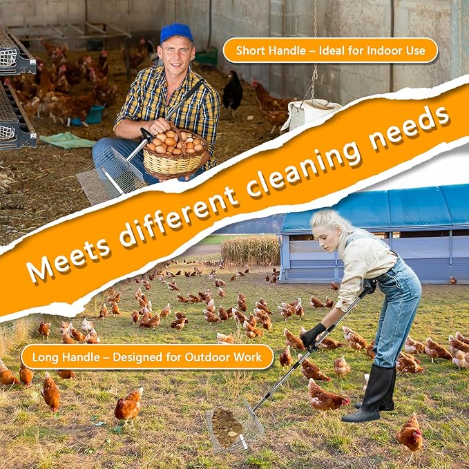 15 Inch Chicken Coop Scoop & Rake 2-in-1, Adjustable Stainless Steel Handle, Chicken Litter Scoop, Large Metal Shovel Head, Sifting Litter Shovel Scoop for Coop Cleaning and Poultry Care