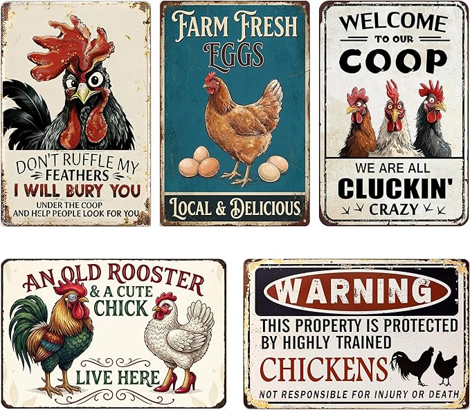 5Pack Vintage Metal Signs Chicken Coop Signs, Chicken Coop Accessories for Farm Yard Decor, Tin Sign Chicken Gifts for Home Kitchen Lovers Chicken House Decor - 8×12 inches