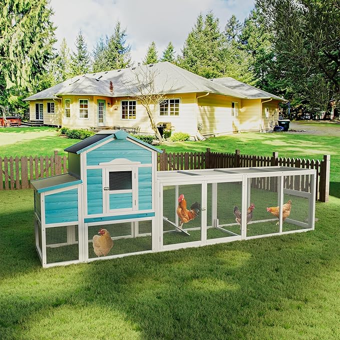 121" Large Chicken Coop with Nesting Box,Wooden Hen House W/Ramp & Sliding Trays,Waterproof Poultry Cage W/Sloped Asphalt Roof & Lockable Door,Poultry Cage for Small to Medium Pets,Blue