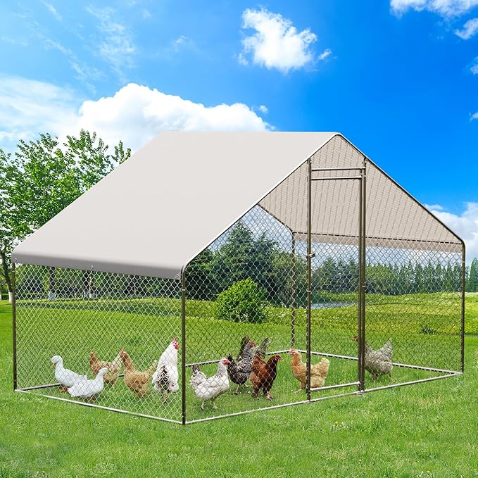 6.5 Ft Large Chicken Runs for Yard with Cover, Large Metal Chicken Coop, Spire Roof Metal Chicken Coop with Lock for Outdoor, Backyard, Farm, Duck, Rabbit