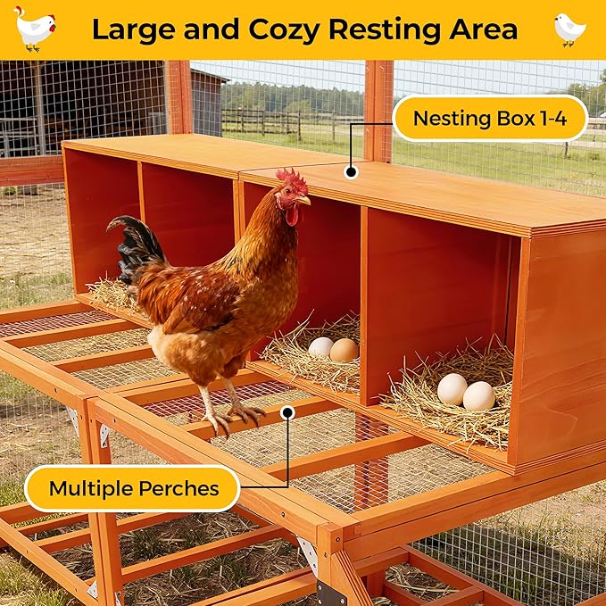 Extra Large Chicken Coop Run, Outdoor Wooden Chicken House Insulated with Waterproof Cover for Winter, 4 Nesting Boxes, Roosting Bars for 10-15 Chickens, Backyard, Farm, 9' x 6' x 6' (Orange)