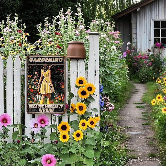 Funny Garden Signs for Plant Lovers-Garden Metal Signs"Gardening Because Murder Is Wrong",Unique Gardening Gifts for Women,Perfect Gifts for Plant Mothers Grandmas and Housewarming 8x12in