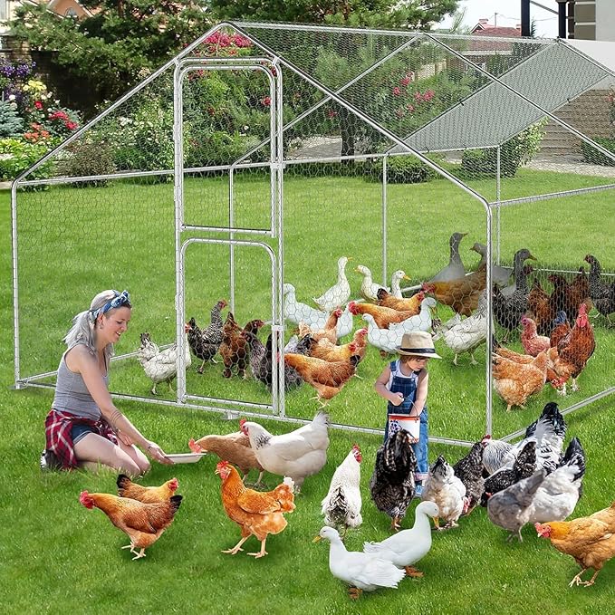 Large Metal Chicken Coop, Walk-in Poultry Cage, Chicken Run Pen House with Waterproof & Anti-Ultraviolet Cover Chicken Coop Run with Double Lockable Doors for Outdoor and Backyard 9.8 x 19.7X 6.6ft