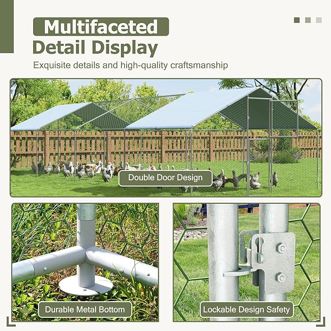Large Metal Chicken Coop,19.7x9.8x6.4 FT Chicken Run for Yard with Waterproof & Anti-UV Cover,Walk in Chicken Pen with Feeding Door (26.2 * 9.8 * 6.4 ft)