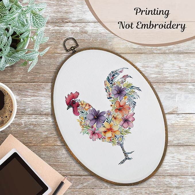 LKETW Floral Chicken Oval Wall Art Decor, Rustic Cottagecore Flower Chicken Oval Canvas Hanging Decor, Farmhouse Farm Animal Wall Decorations for Kitchen Home Bedroom Living Room, 8.6x11.4 Inch