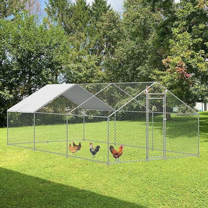 IchbinGo Large Metal Chicken Coop with Waterproof Cover, Walk-in Metal Poultry Cage Spire Shaped Chicken Coop Run, Chicken Run with Anti-UV Cover for Outdoor Backyard Farm (10' L x 20' W x 6.56' H)