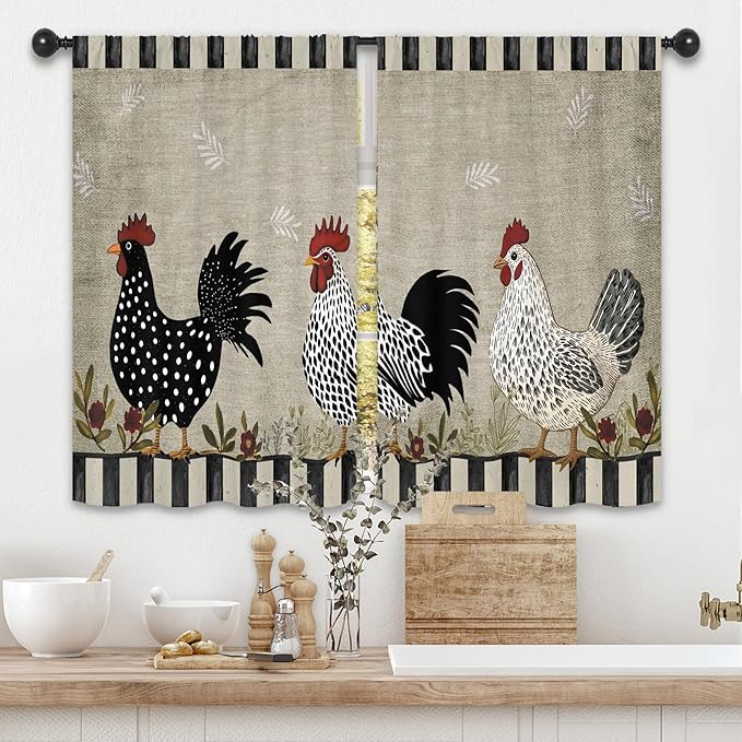 Rustic Farmhouse Rooster Kitchen Curtains 27.5W x 39L Inch Chicken Farm Country Vintage Rural Rod Pocket Short Small Window Treatment Drapes Decor 2 Panels