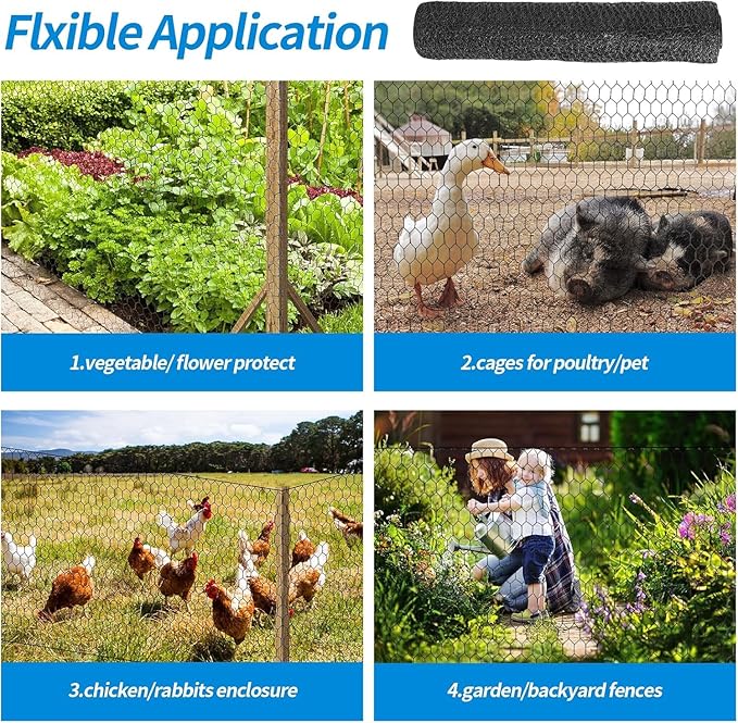 12'' x 50' Black Chicken Wire Fencing, 1 inch Chicken Wire and 19 Gauge Poultry Netting, Garden Mesh Fence Roll for Floral Arrangements/Crafts/Farm/Livestock/Pet Protection