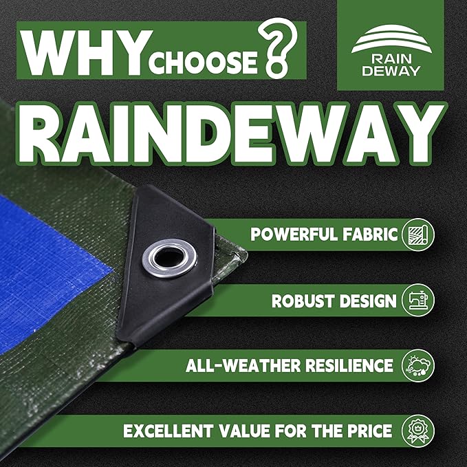 RAINDEWAY Tarps Heavy Duty Waterproof 7x10 Feet,10.5 Mil Waterproof Tarps for Outdoors,Multipurpose Poly Tarp Cover with Metal Grommets and Reinforced Edges,Green/Blue