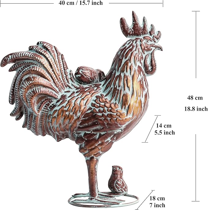 Metal Rooster and Chicks Yard Decor 15.7" L x 18.8" H Outdoor Garden Rooster Statue Sculpture Antique Metal Chicken Yard Art for Home Backyard Patio Lawn,Gift for Mom Grandma and Chicken Lovers