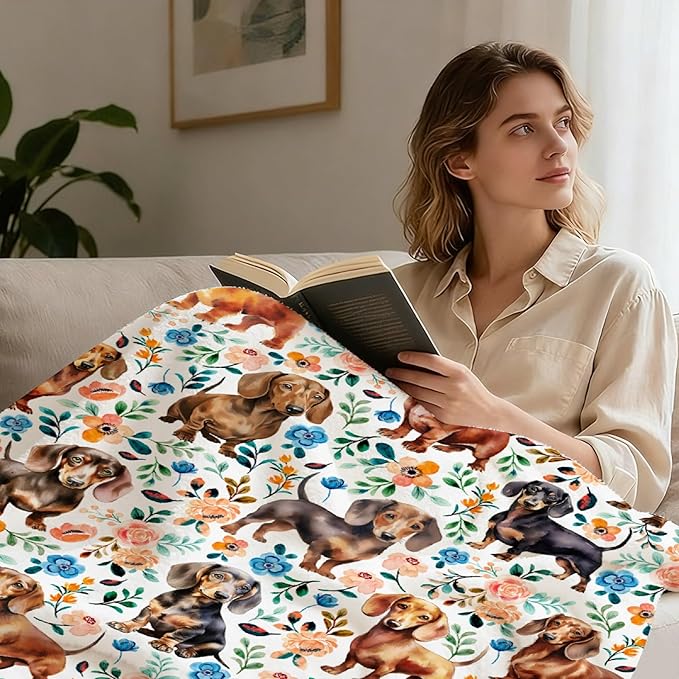 Dachshund Blanket, Wiener Dog Throw for Boys Girls, Floral Pattern Decor for Couch Bed Living Room, Pets Lover Gifts, 40"x50"-Kids/Throw Size