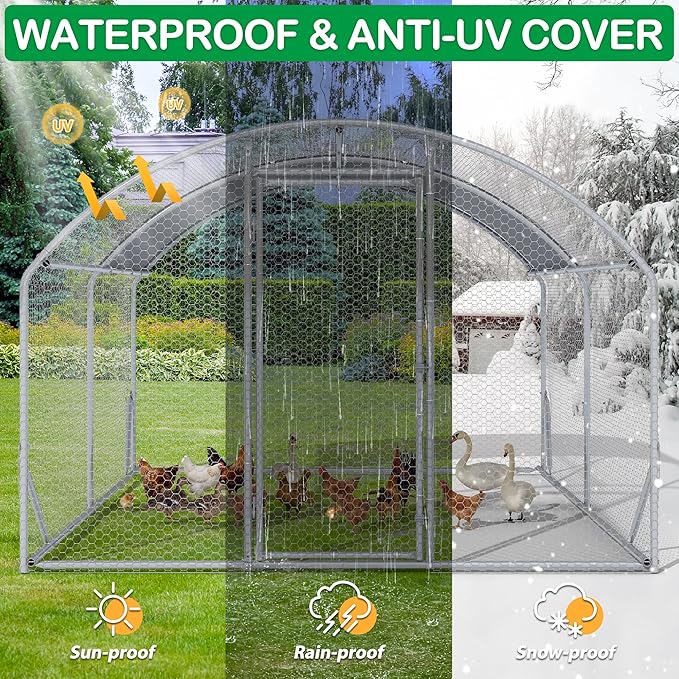Large Metal Chicken Coop, Walk-in Chicken Run Pen with Waterproof Cover, Dome Roof Poultry Cage for Outdoor, Backyard, Farm