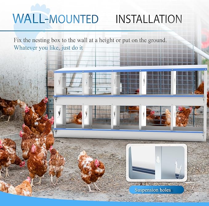10 Compartments Chicken Nesting Box Laying Boxes for Chicken Hens Ducks Poultry Protect Eggs Chicken Coop Easy Egg Collection Wall Mount Metal Nest Box for Chicken Coop