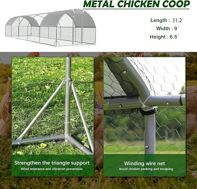 Large Metal Chicken Coop Round Top Upgrade Tri-Supporting Wire Mesh Chicken Run,Chicken Pen with Water-Resident and Anti-UV Cover,Duck Rabbit House Outdoor (31.2'L x 9'W x 6.5'H)