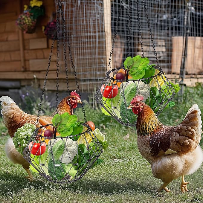 Hanging Chicken Feeder, Foldable 6.5inches Large Poultry Vegetable Fruits Feeder Basket with 17inches Hanging Chain, Veggie Treat Ball Boredom Toys for Chicken/Hens/Duck/Rabbit Coop, 2 Pack