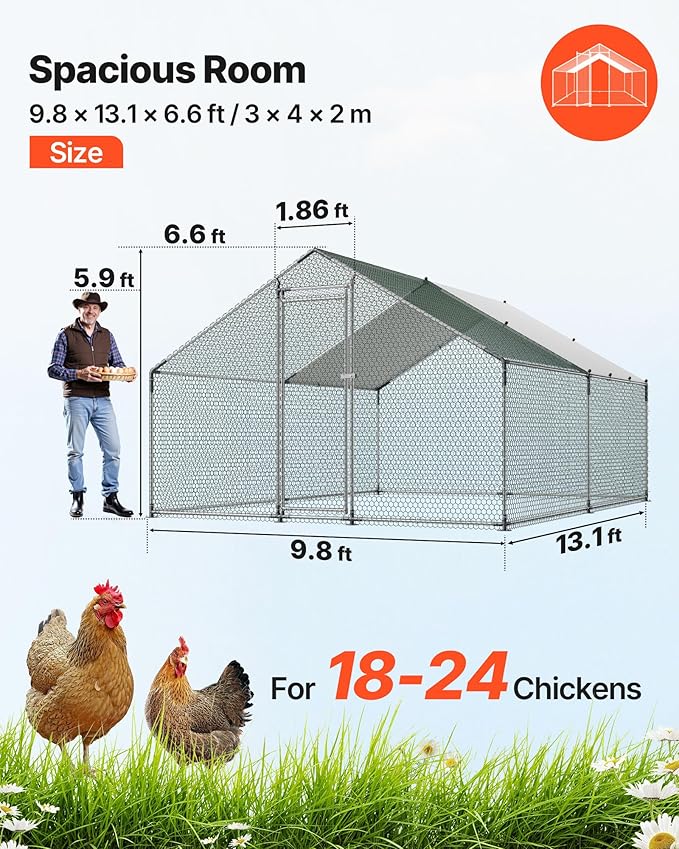 VEVOR Large Metal Chicken Coop, 9.8x13.1x6.5 ft Large Walk in Chicken Runs for Yard with Cover, Hen House Enclosure with Security Lock, Outdoor Duck Rabbit Cage Poultry Pen for Backyard, Farm, Yard