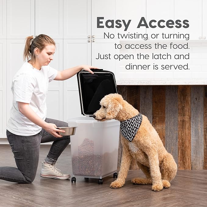 IRIS USA 50 Lbs / 65 Qt WeatherPro Airtight Pet Food Storage Container with Removable Casters, for Dog Cat Bird and other Pet Food Storage Bin, Keep Fresh, Translucent Body, Easy Mobility, Clear/Black