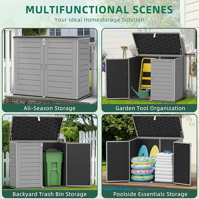 Outdoor Storage Shed, Horizontal Trash Can Storage for 2 Bins, 304 Gallon Double-Wall Resin Garbage Shed with Wood-Grain Texture, Smooth Lift Pistons & Anti-Collision Corners, Grey