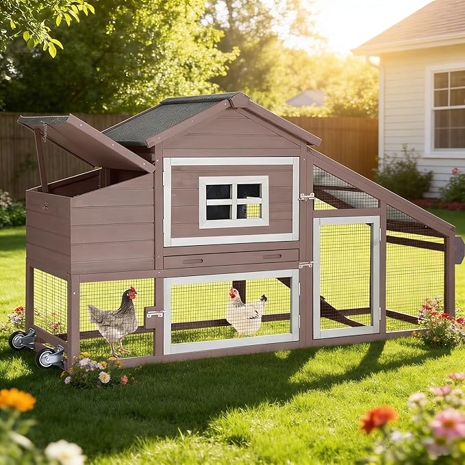 Aivituvin Chicken Coop with Run and Wheels, Mobile Outdoor Hen House Wooden Poultry Cage with Waterproof Roof (Brown, AIR23)