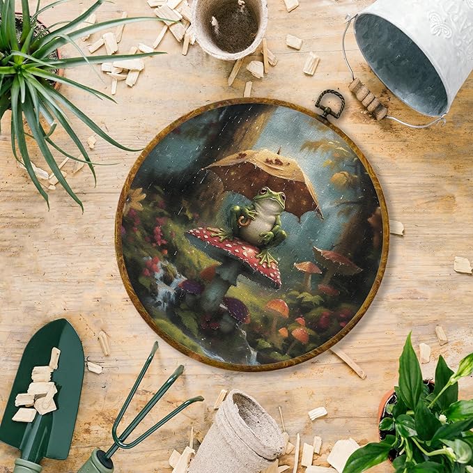 Hiuwevt Vintage Moody Forest Frog Round Wall Art Decor, Dark Academia Mushroom Framed Canvas Prints, Cottagecore Nature Round Wall Hanging Decor for Home Living Room Decorations, 10x10 Inches