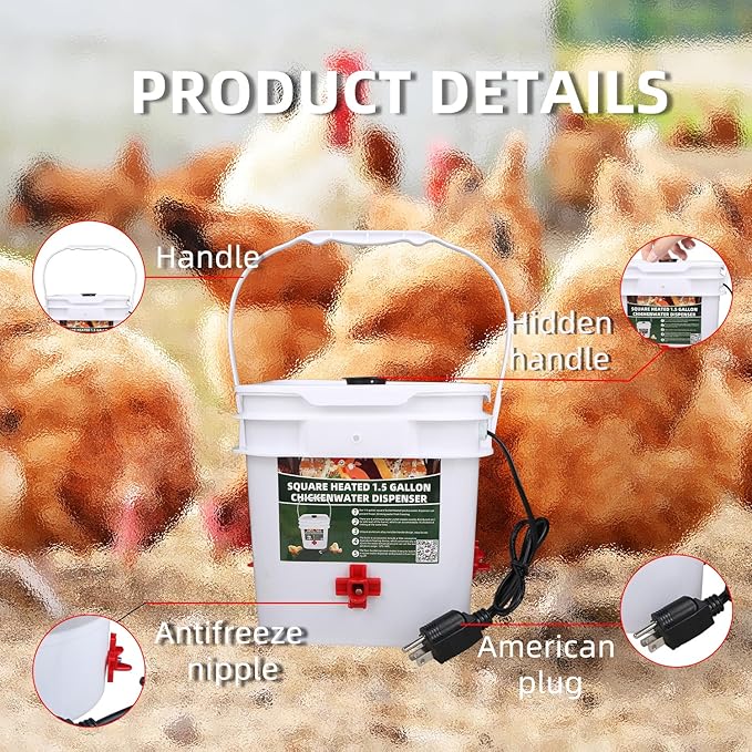 1.5 Gallon Heated Square Chicken Water Bucket, Hanging Chicken Winter Thawing Heater, Suitable for Chickens, Pigeons, Quails, and Other Large Animals 1Pcs.