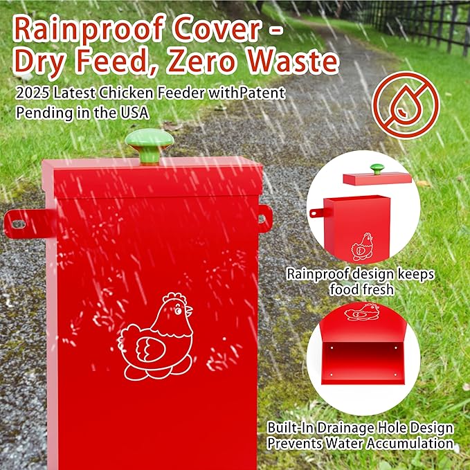 2-Pack Metal Hanging Chicken Feeder with Lid – Waterproof Gravity Poultry Feeder Trough, Automatic Chicken Coop Accessories (Black + Red)