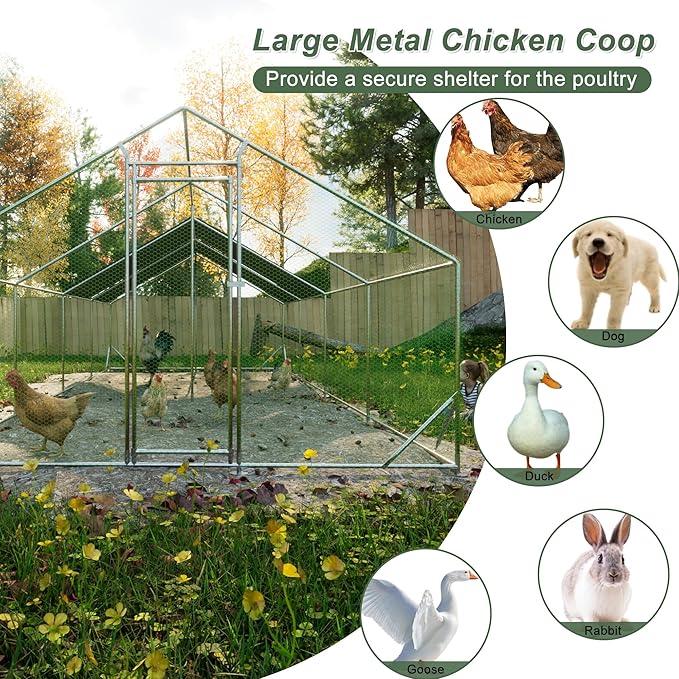 Large Chicken Coop,Metal Chicken Run for Yard with Door,Outdoor Galvanized Wire Poultry Chicken House with Waterproof and Anti-UV Cover,Duck Rabbit Cage (10' L x 26' W x 6.56' H)