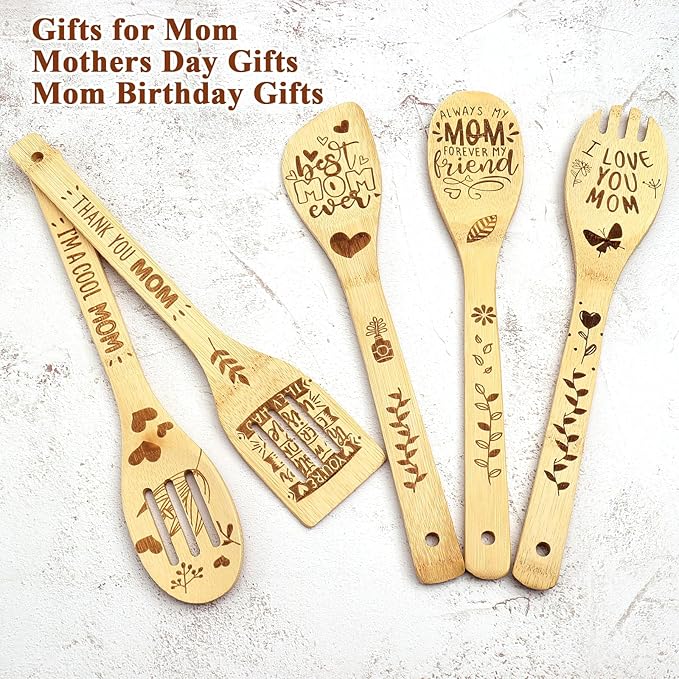 Wooden Birthday Gifts for Mom - Cooking Spoon,Mom Gifts from Daughters I Love You Mom,Engraved Bamboo Kitchen Cooking Utensils Set Gifts, Gift for Mom from Daughter, Son, Mothers Day for Mom